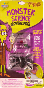 Front side of the Monster Science Growing Spider with monster “spider eggs” packaging. The eggs are water-absorbing polymer balls that can grow to eight times their original size. Products sold by Target and Cracker Barrel do not have the “Spirit” name on