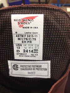 Label inside the boot’s tongue style number date code