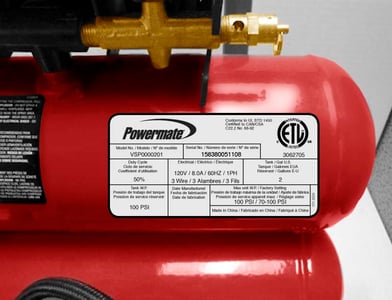 Powermate air compressor label with model and serial number numbers