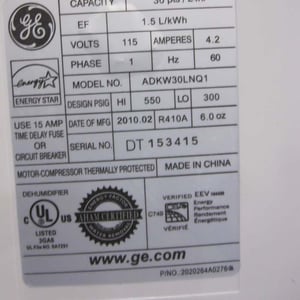 Model/Serial Number Label on the back of the GE Brand Dehumidfier by Midea