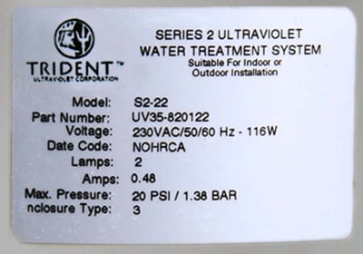 Label on Paramount Trident pool sanitation system