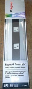 Legrand Wiremold under-cabinet power strip in the white packaging.