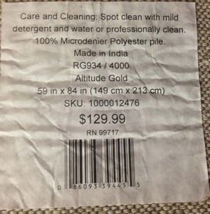 Label on the underside of the Mohawk Altitude shag rug