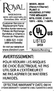 Royal Appliance Label with Model and Manufacture Number on the Hand Vac