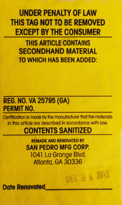 State label sewn onto mattress and foundation