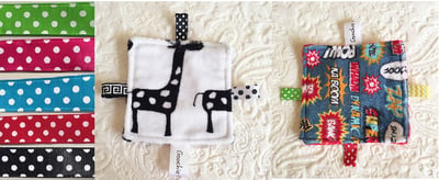 Samples of Sensory Grab Garbs Blanket with Colored Polka Dot Ribbon Tags