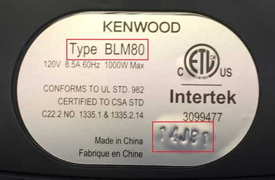 Rating label with type number and date code on bottom of blender