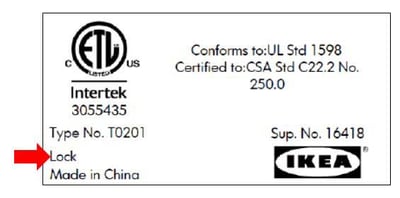 Label attached to the LOCK electrical lamp housing