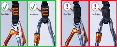 Orange safety stitching on Black Diamond Easy Rider and Iron Cruiser via ferrata set