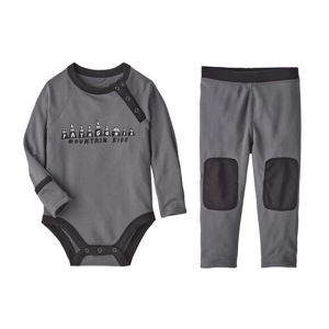 Recalled Infant Capilene Midweight Base Layer Set in gray and black with "Patagonia Mountain Kids"