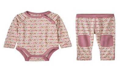 Recalled Infant Capilene Midweight Base Layer Set in pink and white with "My Planet," pink hearts and pink trim