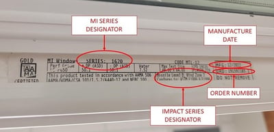 Recalled MI Windows and Doors 1620 vinyl single-hung impact window label at top of window