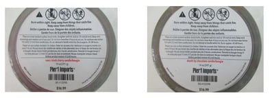 Recalled Pier 1 Imports Three-Wick candles with respective SKU numbers