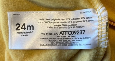 Recalled The William Carter Company Infant's Pajamas Style number 1O102410 (printed on the front of the care tag sewn on the inside of the pajamas)