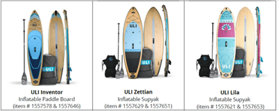 Recalled ULI Inventor, Zettian and Lila Inflatable Paddle Board and Supyak Boards