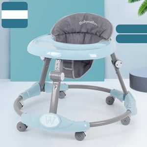 Recalled Zeno infant walker with gray frame, gray seat with "Babywalker" stitching and teal tray
