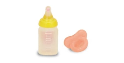 Recalled bottle in yellow and recalled pacifier in pink