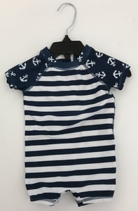 Recalled white and navy stripes anchor pattern Wave Zone Zip Swimsuit