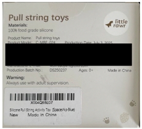 Recalled Little Rawr Silicone Pull String Teething Toys- Back of packaging