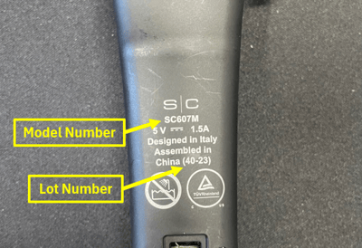Model and Lot number location on the recalled clippers