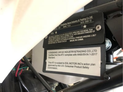 Model number plate for recalled ACE T125 Youth ATV