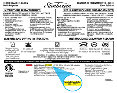 The Sunbeam logo and model number 32810027 are printed on the wash label affixed to the blanket