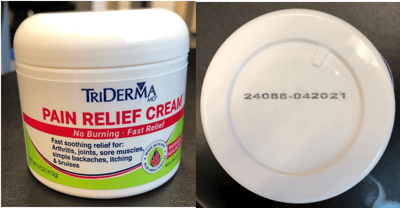 Recalled TriDerma Pain Relief Cream with Lidocaine in 4 ounce jar