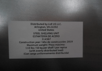 White Sticker with Article Number on Recalled Lidl Powerfix Shelving Unit