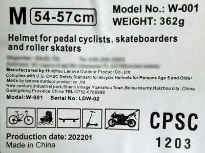 White label inside helmet showing production date 202201