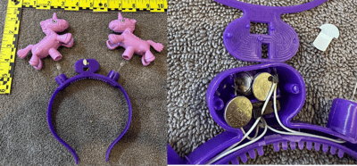 Recalled light-up unicorn headband (Item No. G02-UN) – Headband and close up showing accessible button cell batteries.