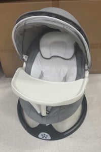 Recalled ZRWD Infant Swing with Gray and White Fabric and Black Base