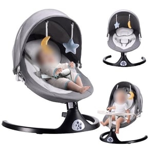 Recalled ZRWD Infant Swing with Gray and White Fabric, Black Base and Plush Toys