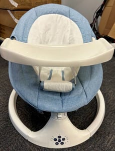 Recalled ZRWD Infant Swing with Blue and White Fabric and White Base