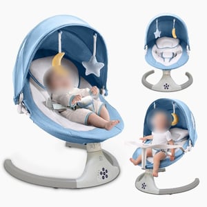Recalled ZRWD Infant Swing with Blue and White Fabric, White Base and Plush Toys
