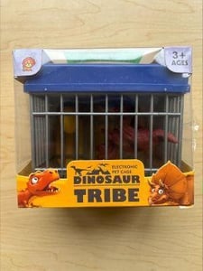 Recalled Dinosaur Toy Packaging Containing Electronic Gray and Blue Cage with a Red Dinosaur
