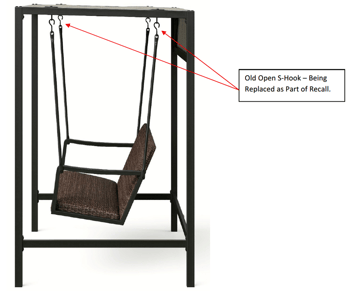 Recalled Agio Menlo Woven Patio Swing (Model No. 1934256) showing old S-hooks