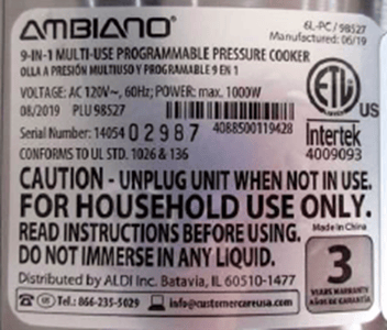Recalled Pressure Cooker, Model Number 98527 (6L-PC) Rating Label