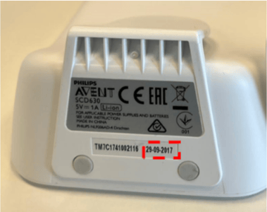 The model numbers, SCD630 or SCD843, and production date codes in day-month-year format, such as 29-09-2017, are located on the bottom of the Parent Unit