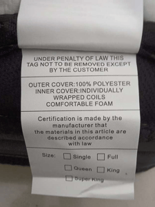 Recalled Crayan Mattress Labeling