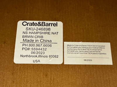 Recalled Crate & Barrel Hampshire Cribs – label on the mattress support board with SKU number