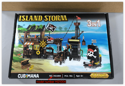 Recalled Cubimana Pirate Ship Building Set box with model number (front)