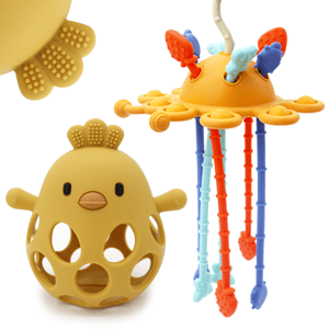 Recalled CuddleCubs Creations Baby Highchair Teething Toy Set, Color "YellowOrange" (Pull String Teething Toy on top right)