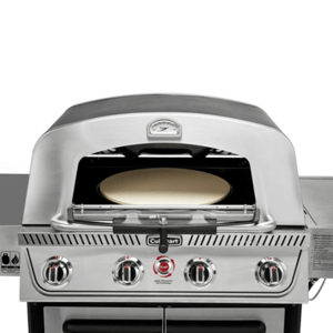 A close up of the pizza oven featured in the recalled grill, with the glass window open