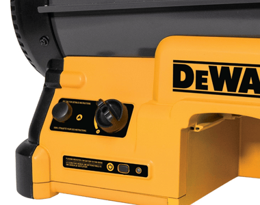 Gas Igniter Valve Button; On/Off Switch; and Green LED Light on the recalled DEWALT 70,000 BTU outdoor portable cordless forced air propane heater Model DXH70CFAVX