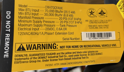 Hang Tag on the recalled DEWALT 70,000 BTU outdoor portable cordless forced air propane heater Model DXH70CFAVX