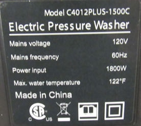 "Model: C4012PLUS-1500C" is printed on a label located on the back of the recalled DGIVOVO US pressure washer