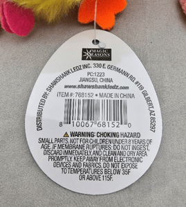 Back of removable hang tag on the recalled Easter Squeezable Toy