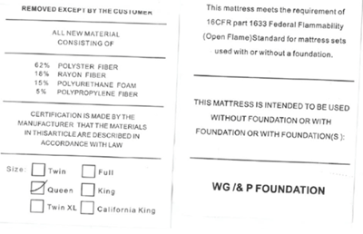Recalled EVLWZL Mattress Labels