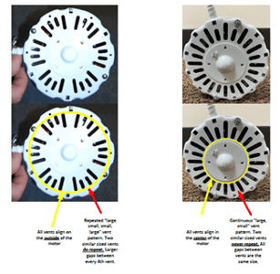 Recalled Electric Motor Vent Patterns and Unaffected Motor Vent Patterns (Recalled electric motor vents (depicted on the left) align on the outer ring of the motor end bell, as highlighted in yellow. Recalled electric motor vents use an alternating pattern of two long vents then two short vents. Unaffected motor vents (depicted on the right) align on the inner ring of the motor end bell, as highlighted in yellow. Unaffected motor vents use an alternating vent pattern of one long, then one short vent)