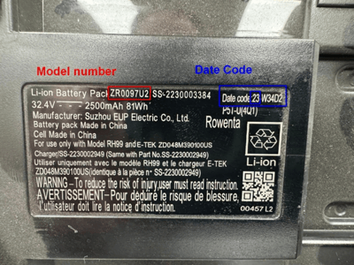 Location of model number, ZR0097U2, and date code starting with either 23 or 24 (affected batteries were manufactured before December 2024) on the back of the recalled battery